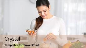  Presentation with man watching woman preparing vegetables - Amazing slide set having fruit - young woman preparing oatmeal porridge backdrop and a soft green colored foreground