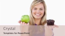  Presentation with muffin - Colorful slide deck enhanced with fruit and a muffin being held by a blonde woman against a white background backdrop and a soft green colored foreground