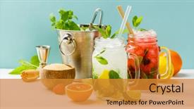 Presentation with fruit cocktail - Theme enhanced with fruit and herb decoration alcohol background and a gold colored foreground