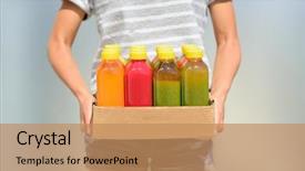  Presentation with food delivery - Slide deck with fruit and vegetable juice bottle background and a coral colored foreground