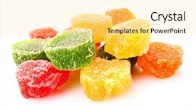  Presentation with candy - Theme having bubble gum chewing gum texture - fruit candy isolated on white background and a blonde colored foreground