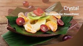  Presentation with green leaf water drops - Presentation theme with fruit dessert on green leaf background and a  colored foreground