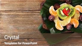  Presentation with water rain drop hanging on a fresh green leaf - Beautiful theme featuring fruit dessert on green leaf backdrop and a tawny brown colored foreground