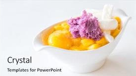  Presentation with mango fruit - Beautiful presentation design featuring fruit dessert with mango in white cup backdrop and a sky blue colored foreground