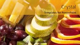  Presentation with kiwi fruit - Slide set having fruit dish - kiwi pear grape and citrus background and a gold colored foreground