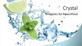  Presentation with water splash - Theme enhanced with fruit fly - ice cubes mint leaves water background and a  colored foreground