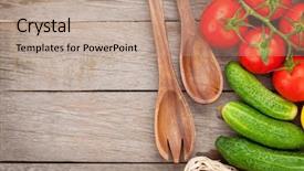  Presentation with utensils - Amazing presentation design having fruit garden - fresh ripe vegetables and utensils backdrop and a coral colored foreground