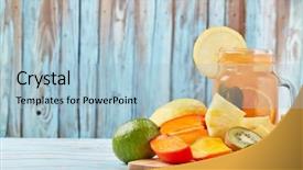  Presentation with mango juice - Theme having fruit lemonade with ice leaves background and a light blue colored foreground