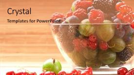  Presentation with container - PPT layouts featuring fruit mix in the glass container on a table from straw background and a coral colored foreground