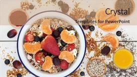  Presentation with healthy breakfast - Beautiful PPT theme featuring fruit muesli smoothie juice pollen backdrop and a coral colored foreground