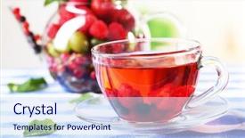  Presentation with tea cup - Presentation theme having fruit red tea with wild berries in glass cup on wooden table on bright background background and a sky blue colored foreground