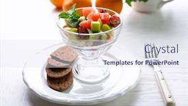  Presentation with salad - Colorful slide set enhanced with fruit salad in glass bowl on light wooden background backdrop and a sky blue colored foreground