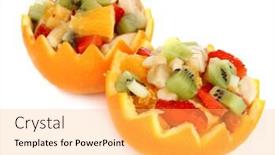  Presentation with orange fruit - Slide deck consisting of fruit salad in hollowed-out orange isolated on white background and a yellow colored foreground