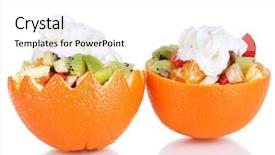 Presentation with orange fruit - Slide deck with fruit salad in hollowed-out orange isolated on white background and a white colored foreground
