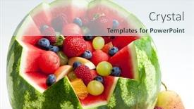  Presentation with fruit melon - Amazing PPT theme having fruit salad in water melon backdrop and a sky blue colored foreground