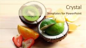  Presentation with coconut fruit - Presentation theme having fruit salad on table background and a cream colored foreground