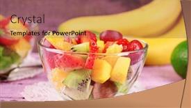  Presentation with glassware - Presentation theme with fruit salad with in glassware on color wooden background background and a violet colored foreground