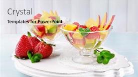  Presentation with glassware - Beautiful theme featuring fruit salad with mint in glassware on wooden table and planks background backdrop and a light gray colored foreground