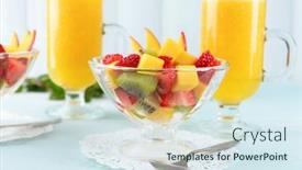  Presentation with orange fruit - Cool new PPT layouts with fruit salad with mint and orange juice in glassware on wooden table and planks background backdrop and a sky blue colored foreground