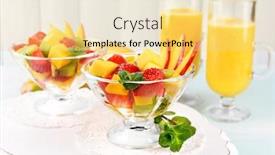  Presentation with orange fruit - PPT theme with fruit salad with mint and orange juice in glassware on wooden table and planks background background and a yellow colored foreground