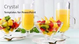  Presentation with orange fruit - Colorful PPT theme enhanced with fruit salad with mint and orange juice in glassware on wooden table and planks background backdrop and a white colored foreground