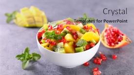  Presentation with fruit banana - Audience pleasing presentation theme consisting of fruit-salad-with-pomegranate-mango backdrop and a light gray colored foreground