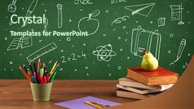  Presentation with school desk - Cool new theme with colourful chalkboard - wooden school desk with stuff backdrop and a ocean colored foreground