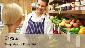  Presentation with vegetable farm - PPT layouts featuring fruit shopping - assistant helping customer at vegetable background and a coral colored foreground