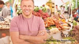  Presentation with market food - Colorful presentation theme enhanced with fruit shopping - male stall holder at farmers backdrop and a coral colored foreground