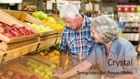  Presentation with senior couple - Theme consisting of fruit shopping - smiling senior couple buying apples background and a gold colored foreground