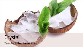  Presentation with coconut drinks - Presentation with fruit slices and ice cubes in coconut shell isolated on white cold drinks concept background and a coral colored foreground