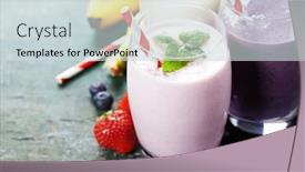  Presentation with fruit banana - Slides with fruit smoothies with black currant strawberry and banana on wooden background background and a lemonade colored foreground