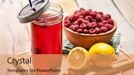  Presentation with ice lemon tea - Slide set consisting of fruit tea - wooden boards is raspberry ice background and a coral colored foreground