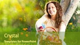  Presentation with orchard - Theme featuring fruit trees - happy smiling young woman eating background and a tawny brown colored foreground
