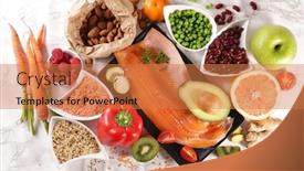  Presentation with food fish - Amazing presentation design having fruit-vegetable-fish-nut-cereal backdrop and a coral colored foreground