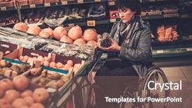 Presentation with grocery store - Presentation design having fruit vegetable treatment - disabled woman in a wheelchair background and a violet colored foreground