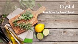  Presentation with herbs on wood - PPT theme enhanced with fruit vinegar - fresh garden herbs and condiments background and a coral colored foreground