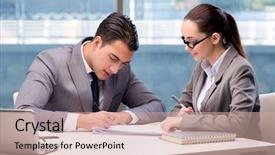  Presentation with discussion - Audience pleasing slide deck consisting of fruitful - businesspeople having discussion backdrop and a soft green colored foreground