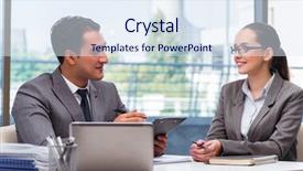  Presentation with discussion - Audience pleasing presentation design consisting of fruitful - businesspeople having discussion backdrop and a sky blue colored foreground