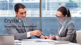  Presentation with discussion - Presentation theme featuring fruitful - businesspeople having discussion background and a light blue colored foreground