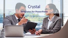  Presentation with discussion - Audience pleasing PPT theme consisting of fruitfull - businesspeople having discussion backdrop and a sky blue colored foreground