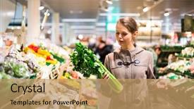  Presentation with grocery store - Colorful PPT theme enhanced with ethnic food - beautiful young woman shopping backdrop and a coral colored foreground