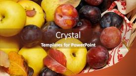  Presentation with harvest - Presentation design consisting of fruits and vegetables with pumpkins apples corn nuts mushrooms berries - autumn harvest and healthy food concept yellow leaves still life on wooden background background and a tawny brown colored foreground