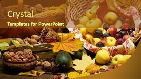  Presentation with harvest - Colorful presentation design enhanced with fruits and vegetables with pumpkins apples corn nuts mushrooms berries - autumn harvest and healthy food concept yellow leaves still life on wooden background backdrop and a tawny brown colored foreground