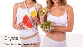  Presentation with food white - PPT layouts featuring fruits and vegetables for a diet dietary food in the hands of two slender models in sports white lingerie isolated on white background background and a lemonade colored foreground