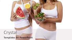  Presentation with food white - Amazing presentation having fruits and vegetables for a diet dietary food in the hands of two slender models in sports white lingerie isolated on white background backdrop and a soft green colored foreground