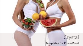  Presentation with food white - Colorful theme enhanced with fruits and vegetables for a diet dietary food in the hands of two slender models in sports white lingerie isolated on white background backdrop and a soft green colored foreground