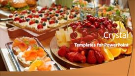  Presentation with snacks - Audience pleasing slides consisting of fruits berries fish snacks and dessert on catering restaurant table backdrop and a tawny brown colored foreground