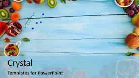  Presentation with healthy breakfast - Presentation with fruits fruit salad - diet healthy background and a light blue colored foreground