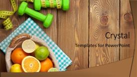  Presentation with copy space - Presentation design featuring fruits in basket and dumbell background and a coral colored foreground